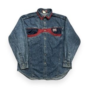 VTG 90s Exhaust Medium Wash Denim Long Sleeve Button Down Shirt with Maroon Trim